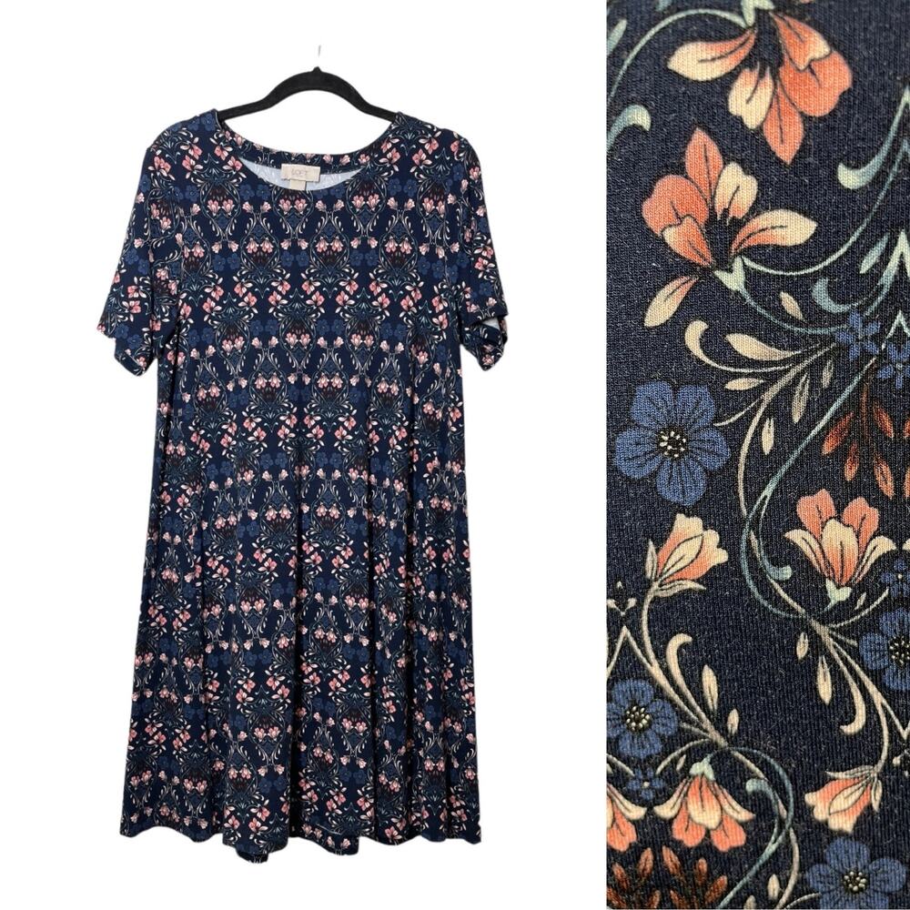 LOFT Floral Jersey A-line Dress Knee Length sz Small Modest  Short Sleeve